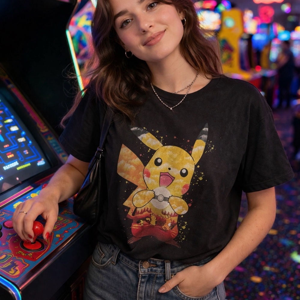 Pikachu Graphic Tee Lightweight Black Gildan Softstyle Women’s Large